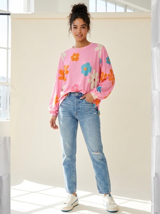 Denim - Pink Floral Long-Sleeve Top with Balloon Sleeves Super Soft - XL